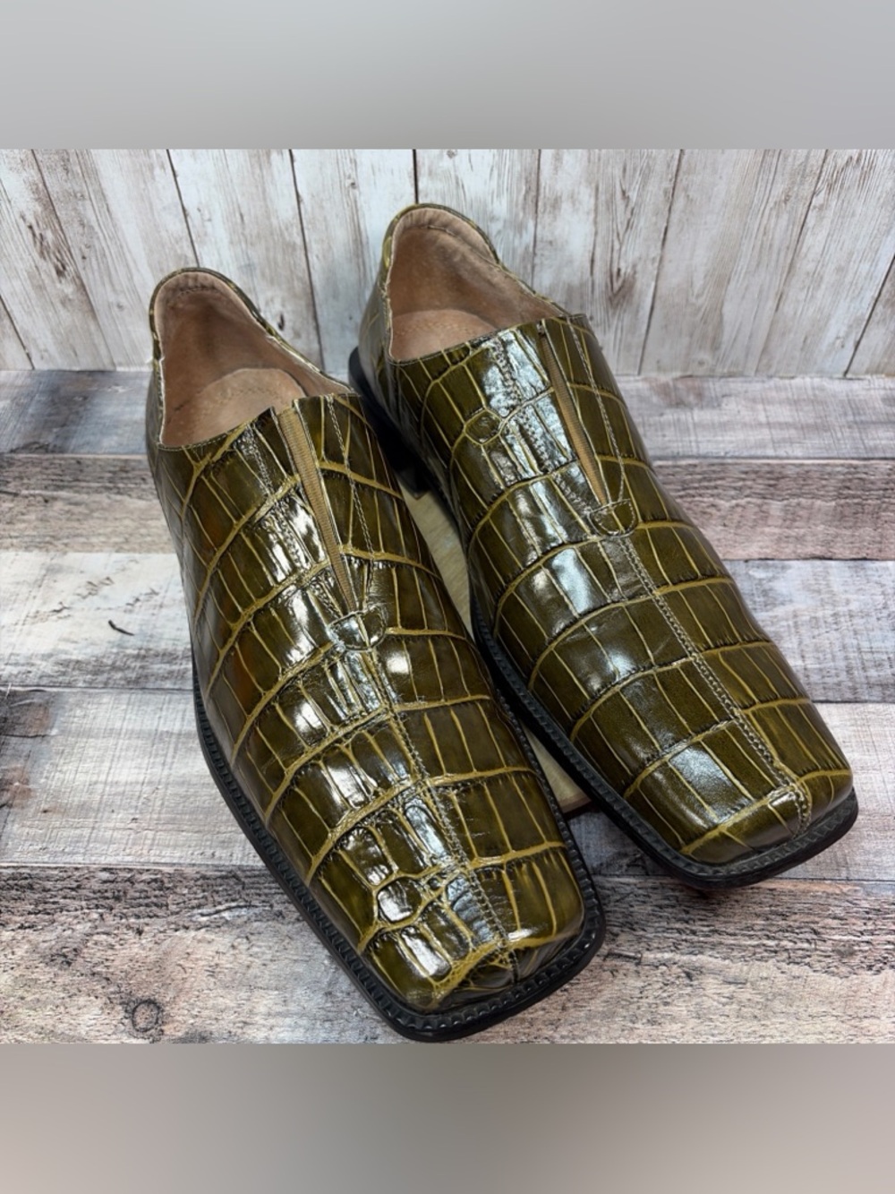 Fratelli Select Mens Dress Shoes Olive Green Croc Print Leather Loafers Size 13M